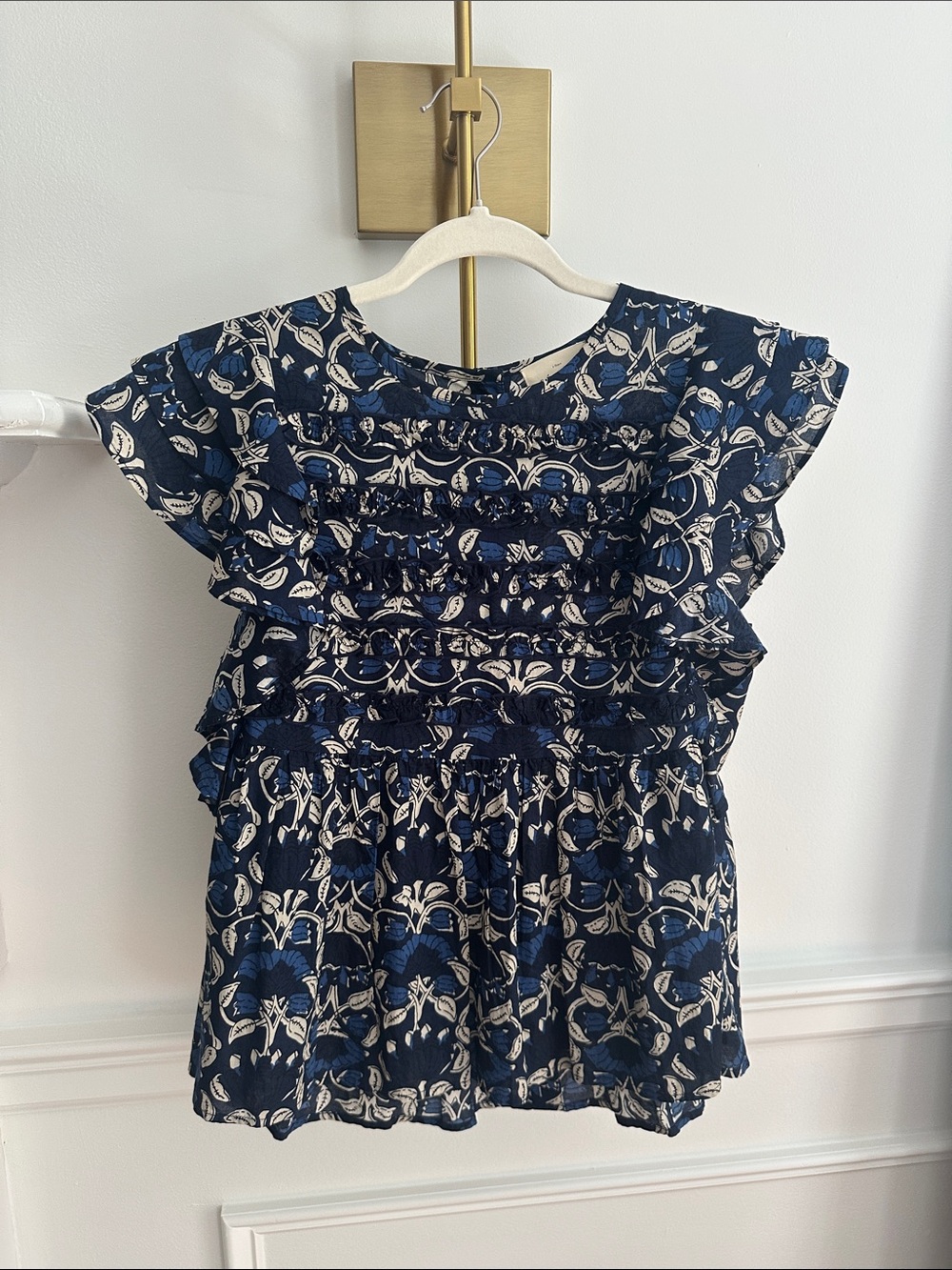 Sezane Melia Floral Ruffled Blouse - Navy